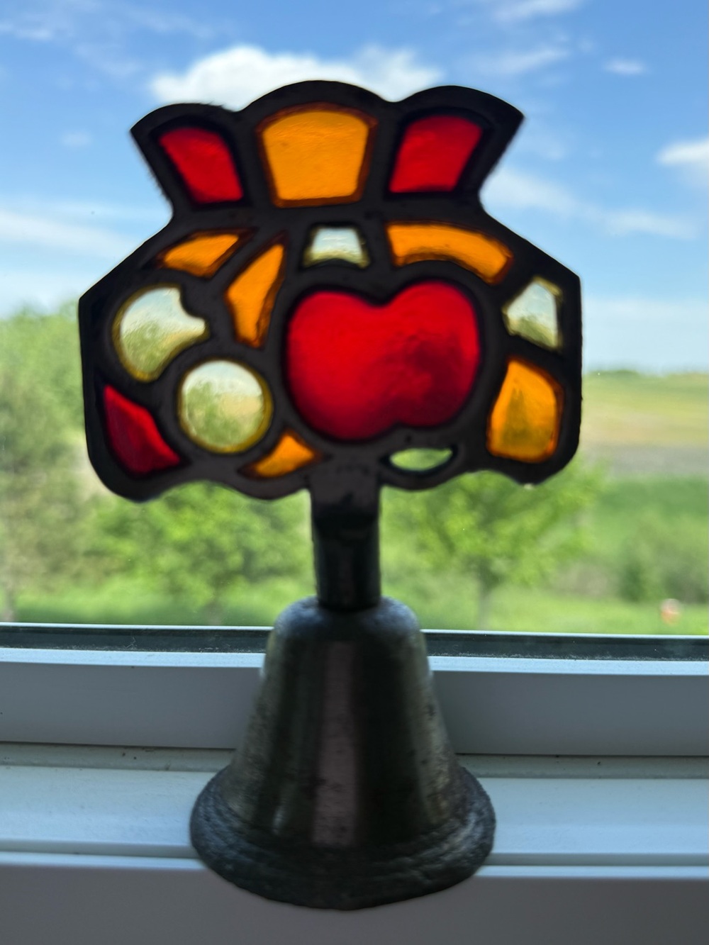 Vintage Counterpoint Tiffany-Style Stained Glass Apple & Cherries Cast Iron Bell